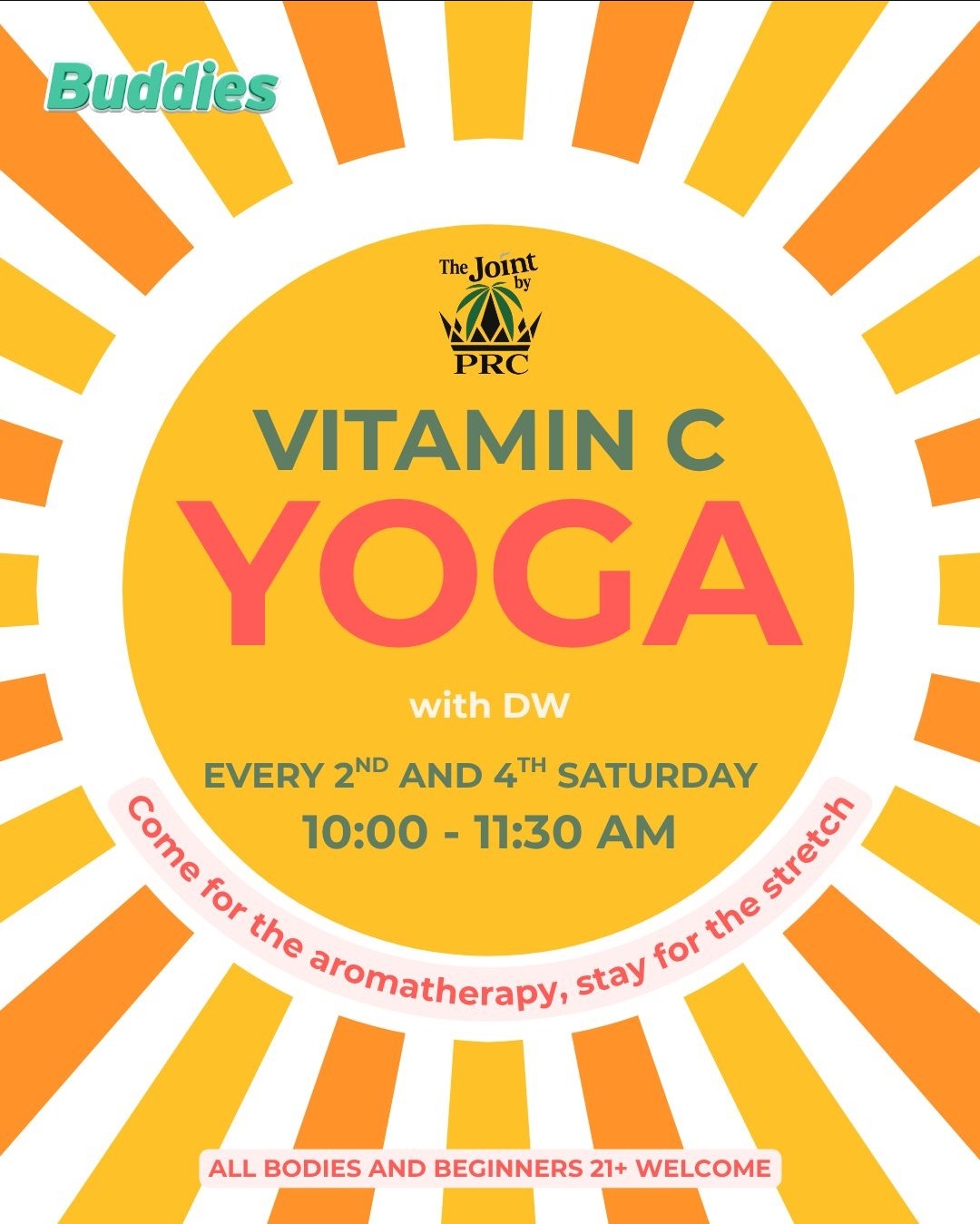 Flyer for Vitamin C Yoga with DW at The Joint PRC every 2nd and 4th Saturday from 10:00am to 11:30am.